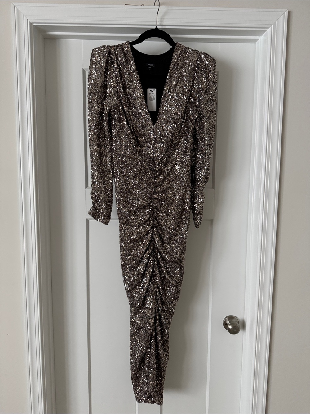 Express NWT Sequin V-Neck Ruched Party Dress - Metallic Taupe
